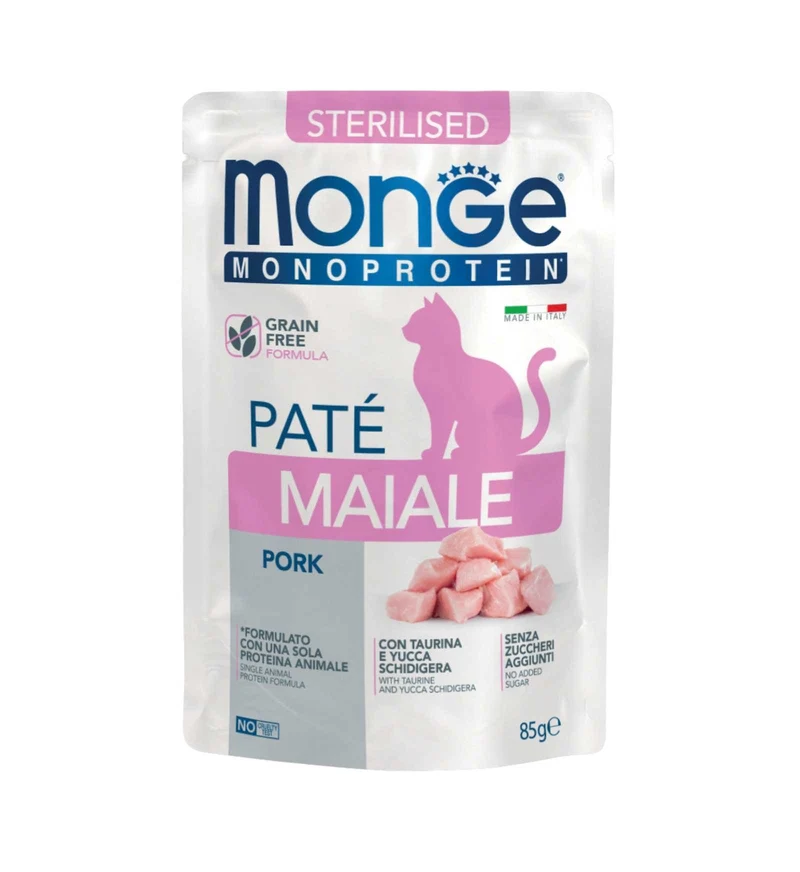MONGE GATTO MONOPROTEICO STERILIZZATO PATE' AL MAIALE DA 85 GR IN BUSTA