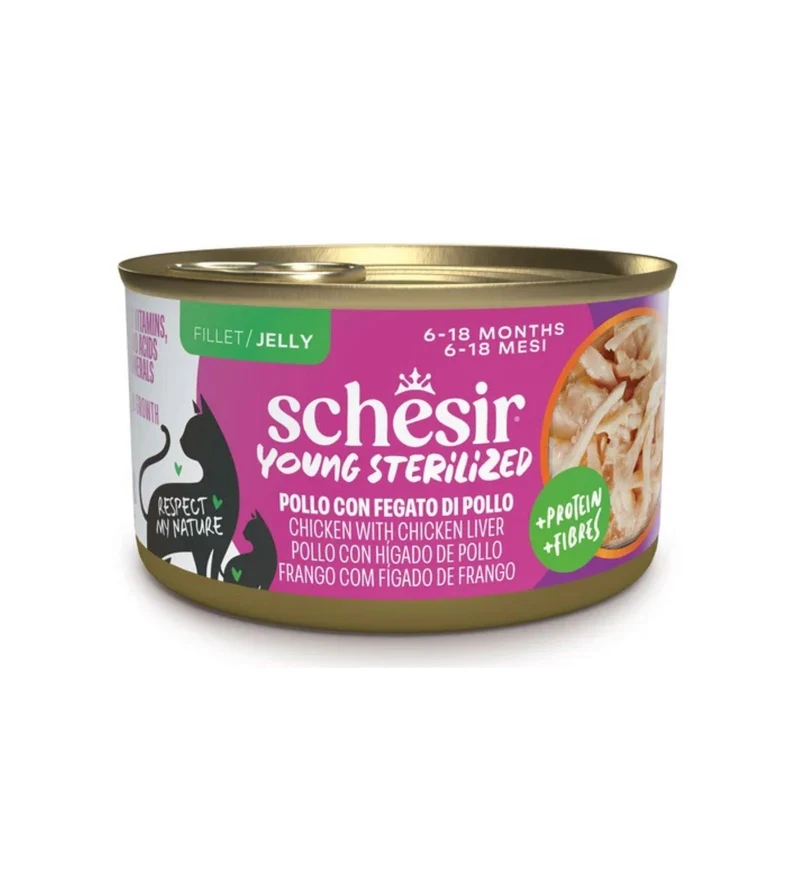 SCHESIR GATTO YOUNG STERILIZED AL POLLO E FEGATO DI POLLO DA 85 GR IN LATTINA