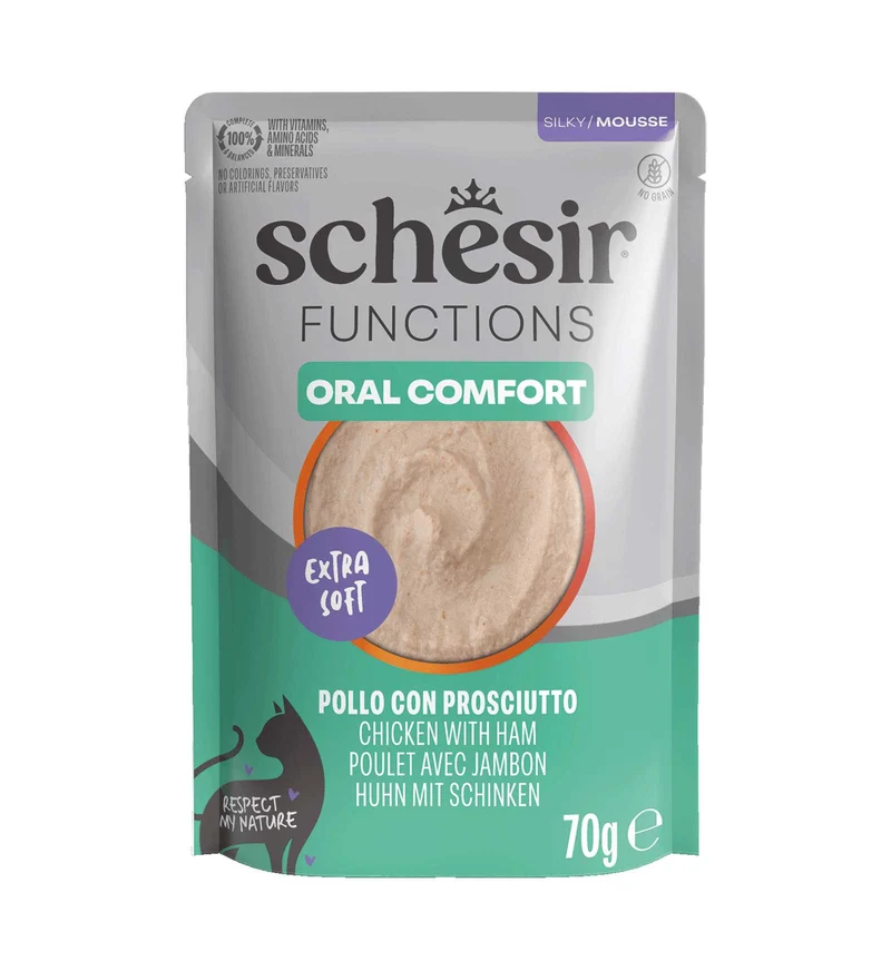 SCHESIR GATTO FUNCTIONS ORAL COMFORT MOUSSE POLLO CON PROSCIUTTO DA 70 GR IN BUSTA