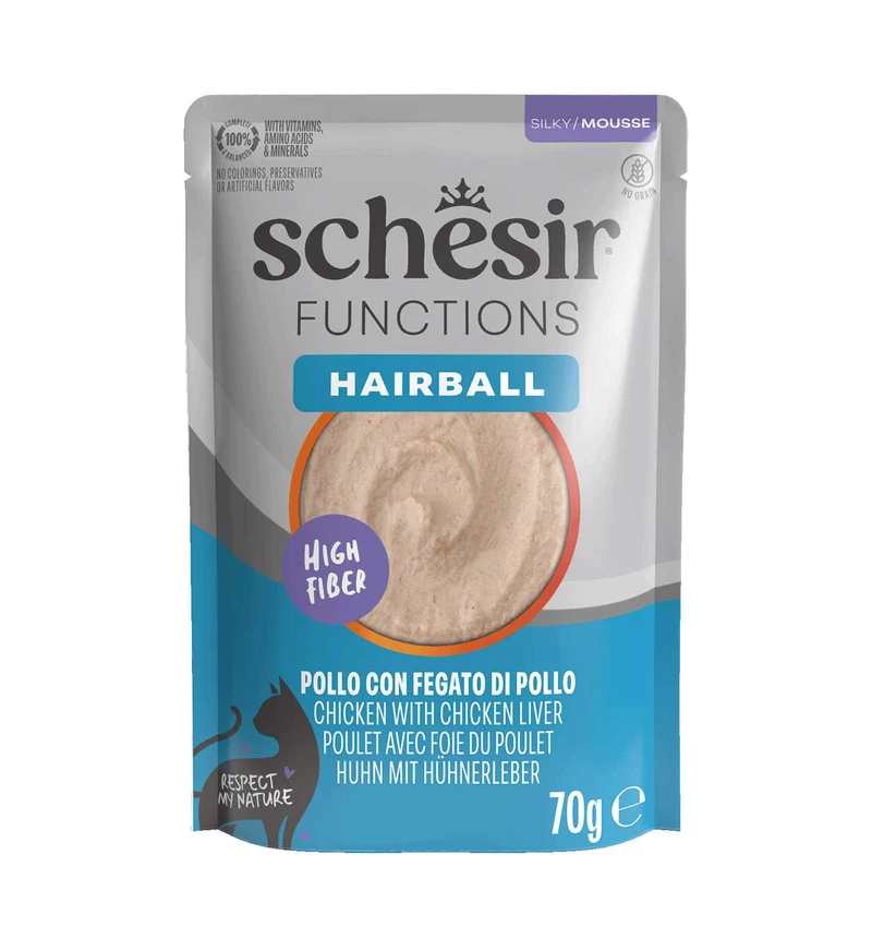 SCHESIR GATTO FUNCTIONS HAIRBALL MOUSSE POLLO CON FEGATO DI POLLO DA 70 GR IN BUSTA