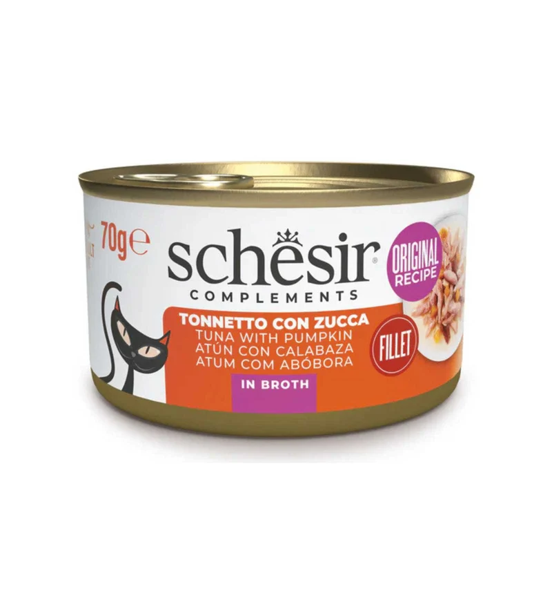 SCHESIR GATTO COMPLEMENTARE TONNO E ZUCCA IN BRODO DA 70 GR IN LATTINA