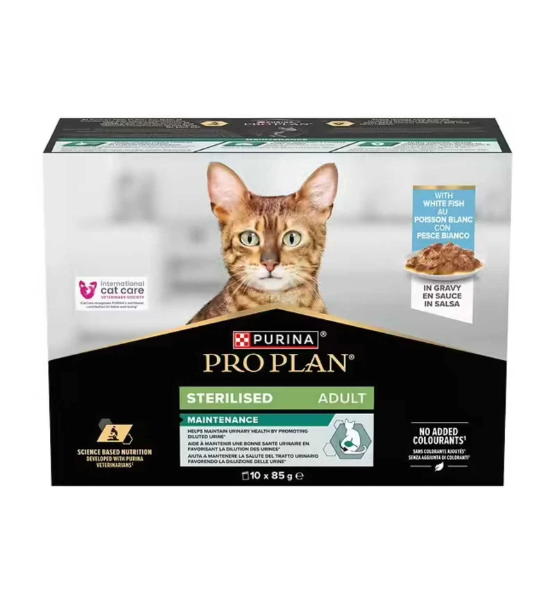 PURINA PRO PLAN GATTO ADULT STERILIZZATO MULTIPACK CON PESCE BIANCO IN SALSA 10 BUSTE DA 85 GR