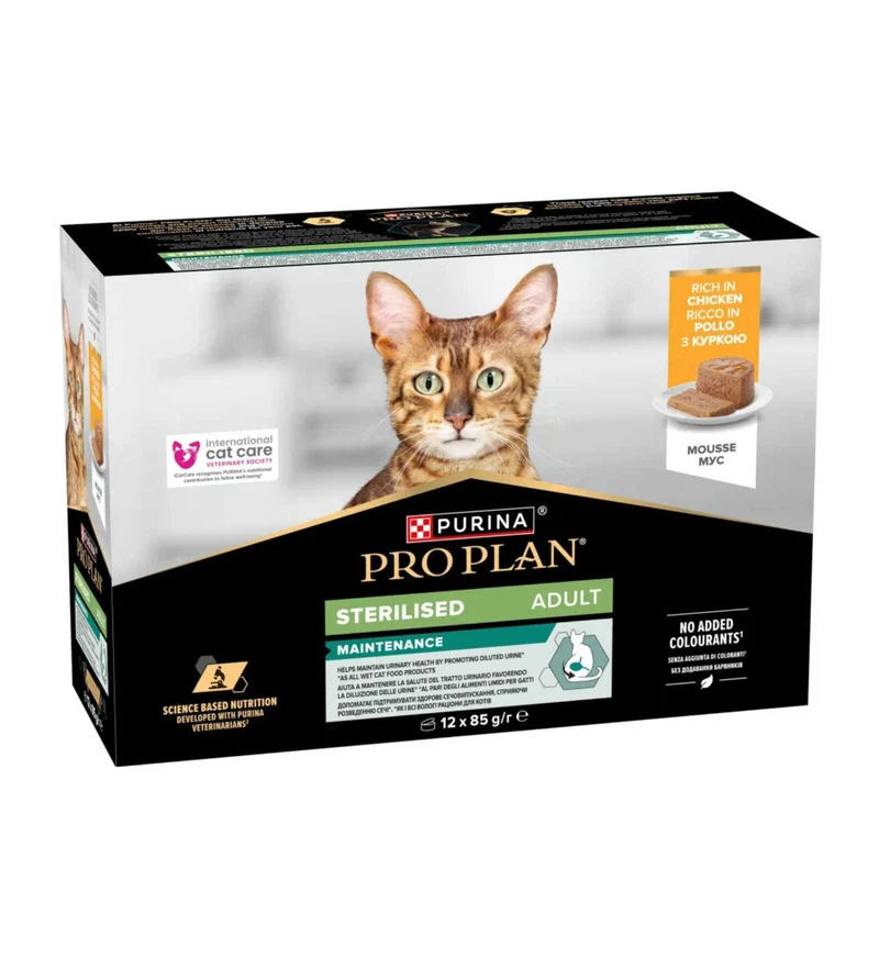 PURINA PRO PLAN GATTO ADULT STERILIZZATO MULTIPACK CON POLLO MOUSSE 12 LATTINE DA 85 GR