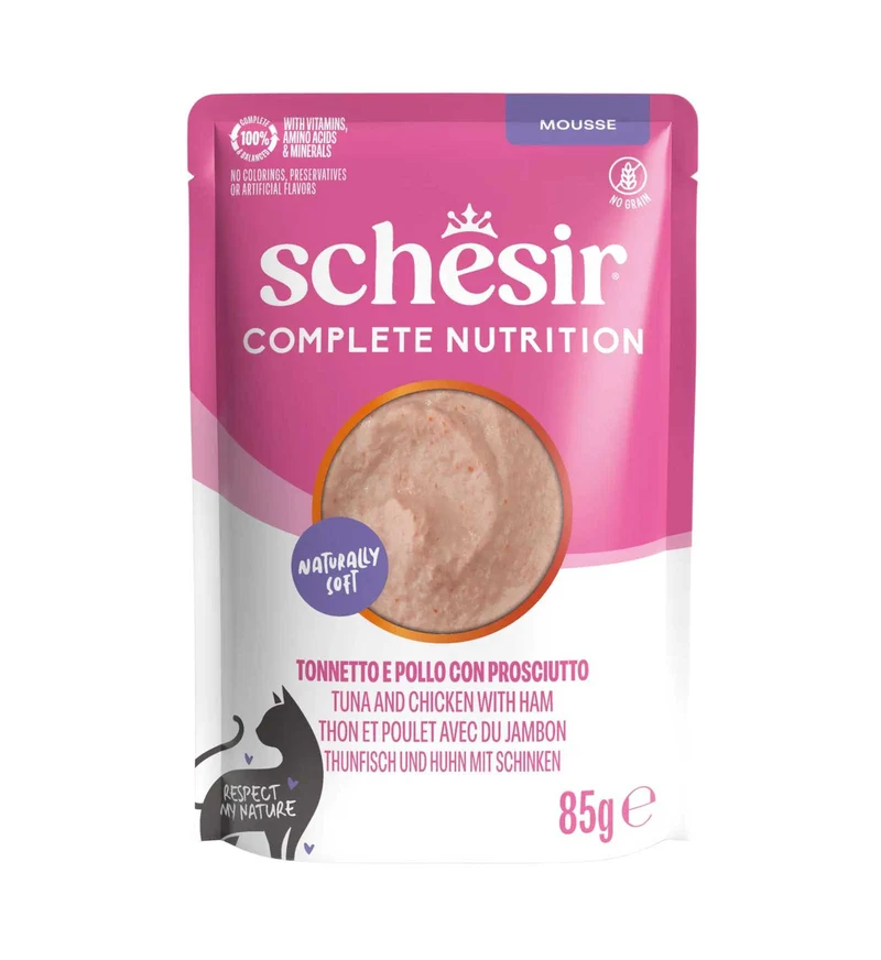 SCHESIR GATTO COMPLETO MOUSSE TONNO E POLLO CON PROSCIUTTO DA 85 GR IN BUSTA