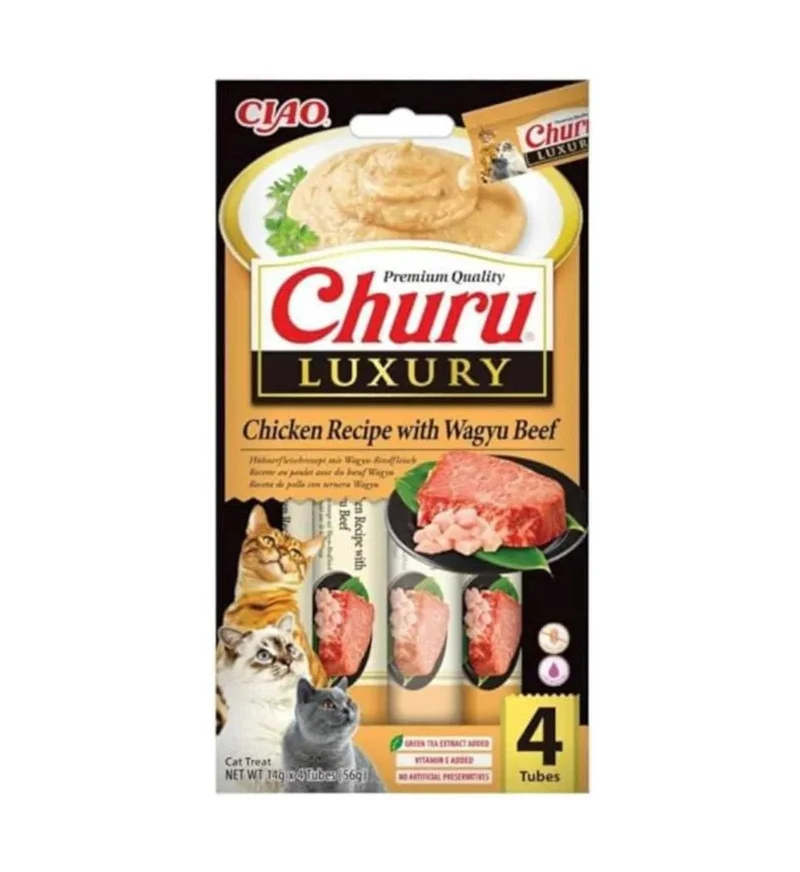INABA CIAO GATTO CHURU LUXURY POLLO E MANZO WAGYU 4 STICK DA 14 GR