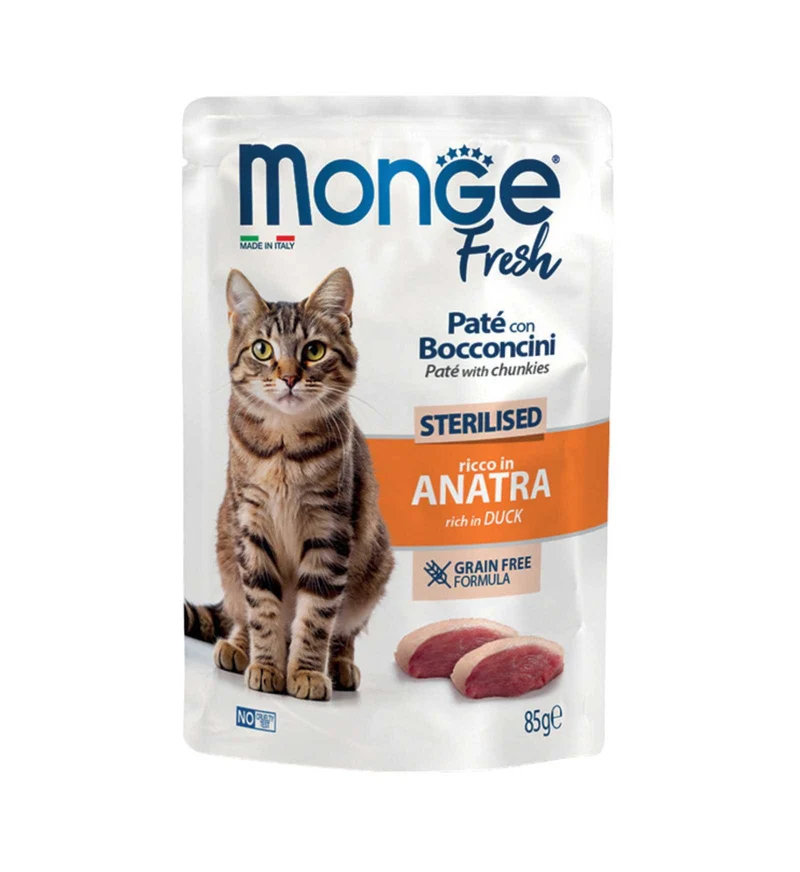 MONGE GATTO FRESH STERILIZZATO PATE' CON BOCCONCINI ALL' ANATRA IN BUSTINA DA 85 GR