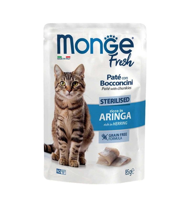 MONGE GATTO FRESH STERILIZZATO PATE' CON BOCCONCINI ALL' ARINGA IN BUSTINA DA 85 GR