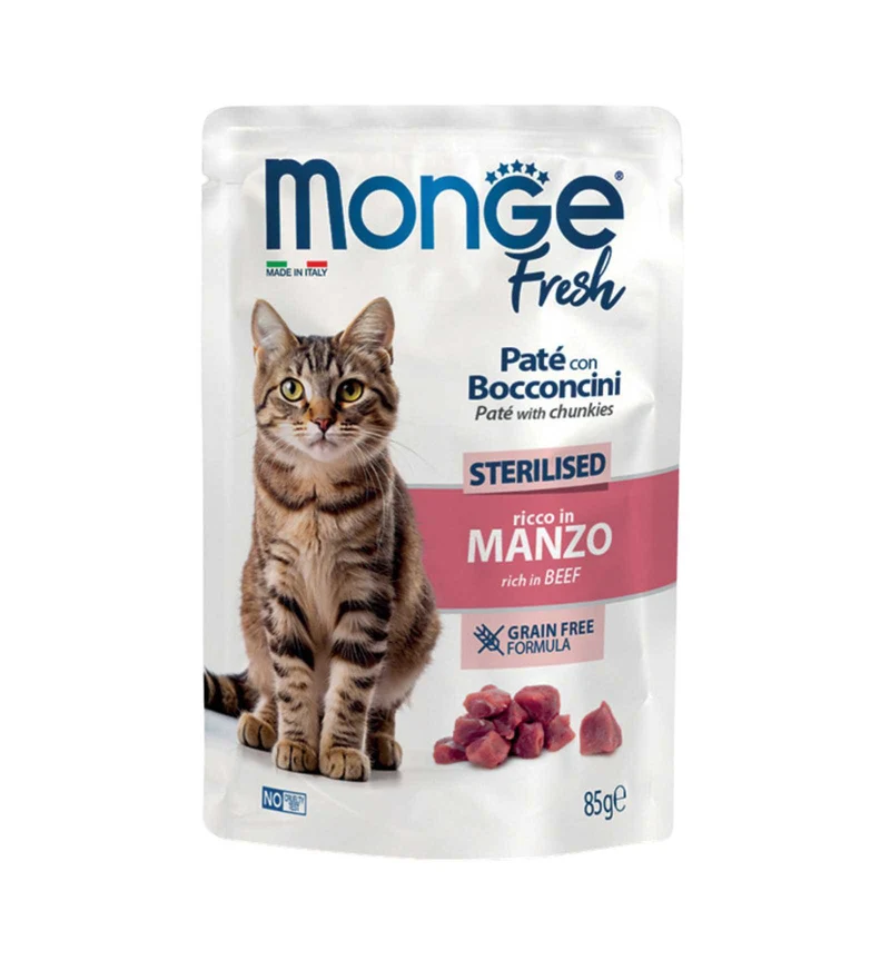 MONGE GATTO FRESH STERILIZZATO PATE' CON BOCCONCINI AL MANZO IN BUSTINA DA 85 GR