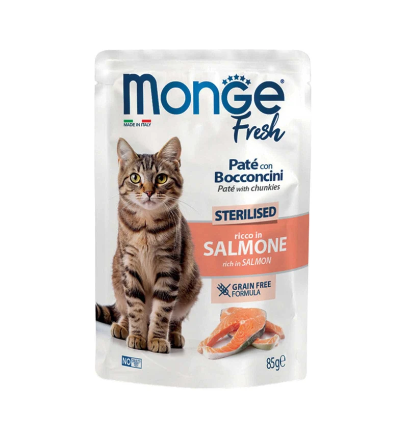 MONGE GATTO FRESH STERILIZZATO PATE' CON BOCCONCINI AL SALMONE IN BUSTINA DA 85 GR