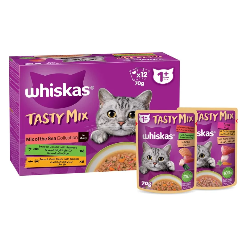 Whiskas 1+ Years Tasty Mix of the Sea Collection Wet Cat Food In Gravy 12X70G