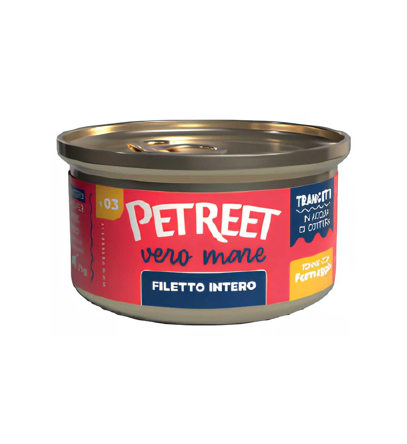 PETREET GATTO VERO MARE V03 FILETTO DI TONNO INTERO E FORMAGGIO DA 70 GR IN LATTINA