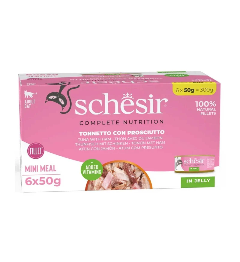 SCHESIR GATTO TONNETTO E PROSCIUTTO IN GELATINA MULTIPACK 50 GR x 6 PEZZI IN LATTINA