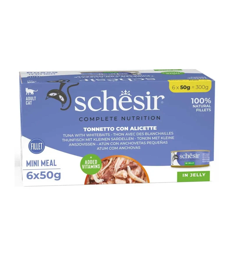 SCHESIR GATTO TONNETTO E ALICETTE IN GELATINA MULTIPACK 50 GR x 6 PEZZI IN LATTINA