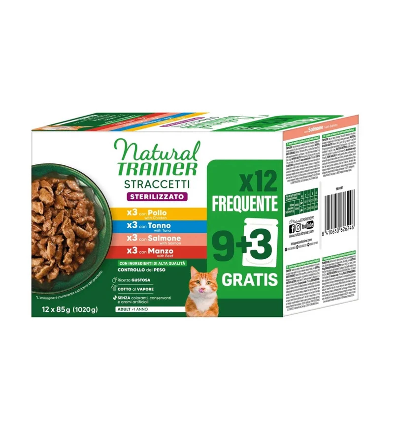 TRAINER GATTO NATURAL STERILIZZATO STRACCETTI MULTIPACK 12 BUSTE DA 85 GR