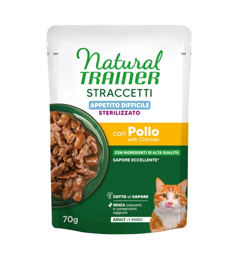 TRAINER GATTO NATURAL STERILIZZATO STRACCETTI APPETITO DIFFICILE POLLO DA 70 GR