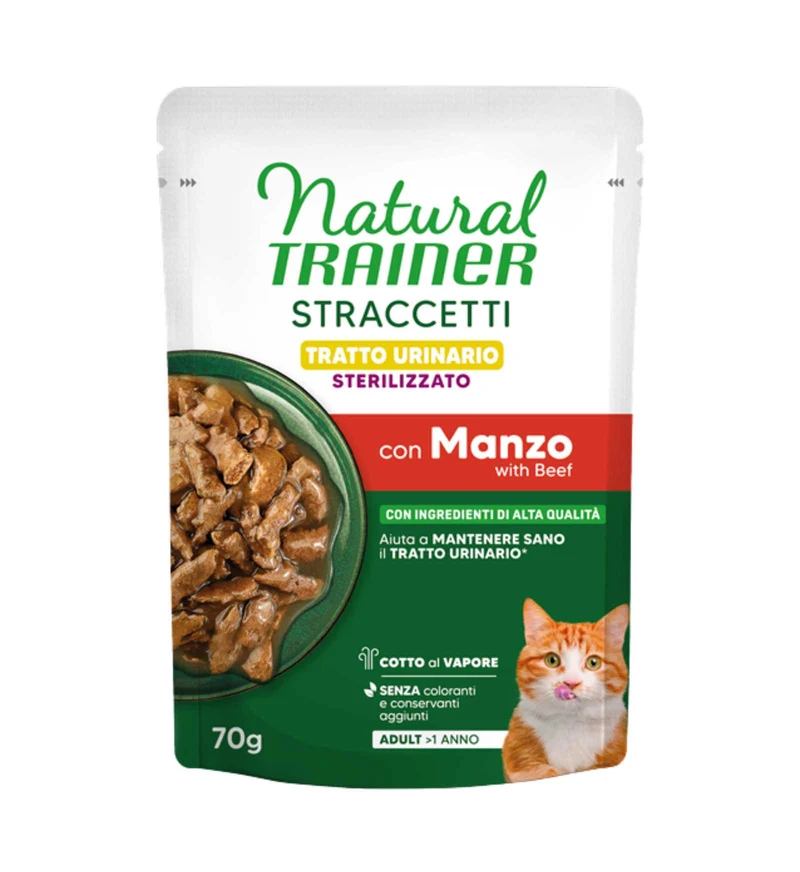 TRAINER GATTO NATURAL STERILIZZATO STRACCETTI TRATTO URINARIO MANZO DA 70 GR