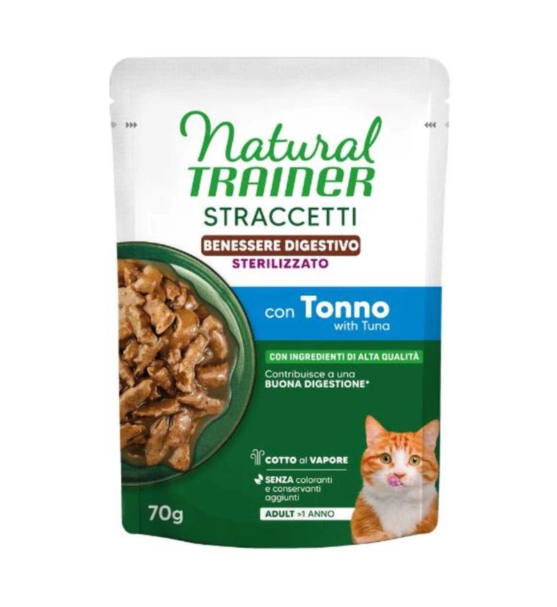 TRAINER GATTO NATURAL STERILIZZATO STRACCETTI BENESSERE DIGESTIVO TONNO DA 70 GR