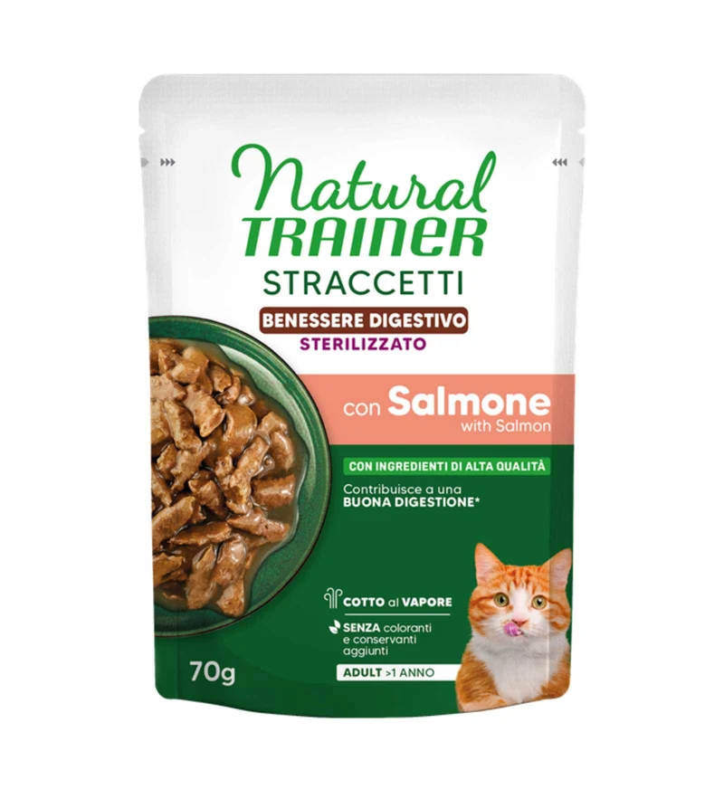 TRAINER GATTO NATURAL STERILIZZATO STRACCETTI BENESSERE DIGESTIVO SALMONE DA 70 GR