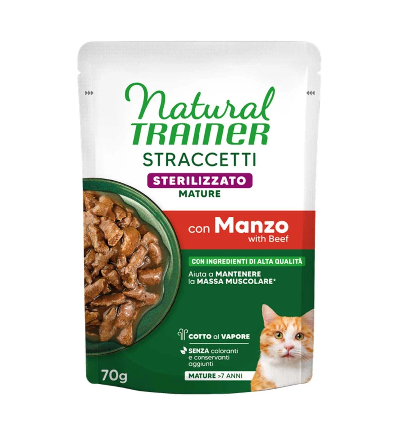 TRAINER GATTO NATURAL STERILIZZATO MATURE STRACCETTI MANZO DA 70 GR